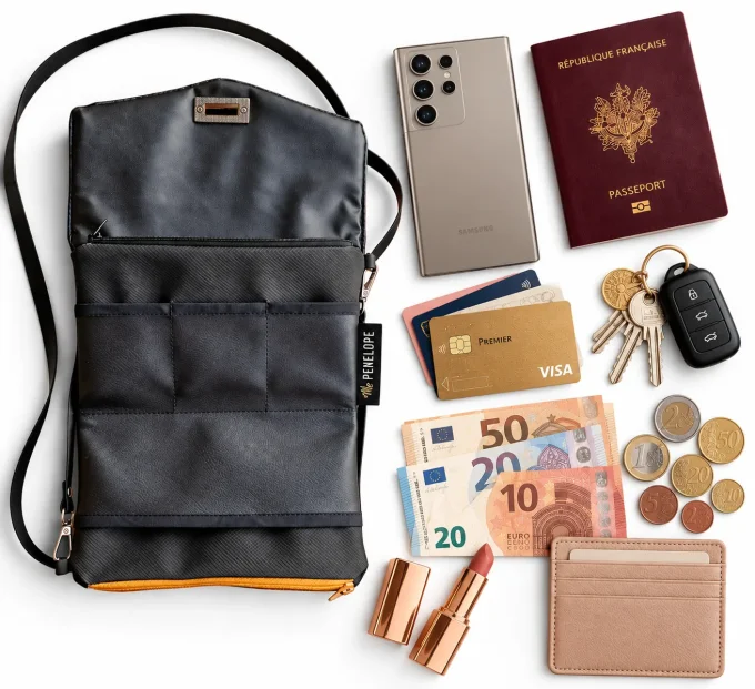 Sac bandoulière Lotus noir avec téléphone, cartes, passeport, clés et monnaie – sac compact Mlle Pén