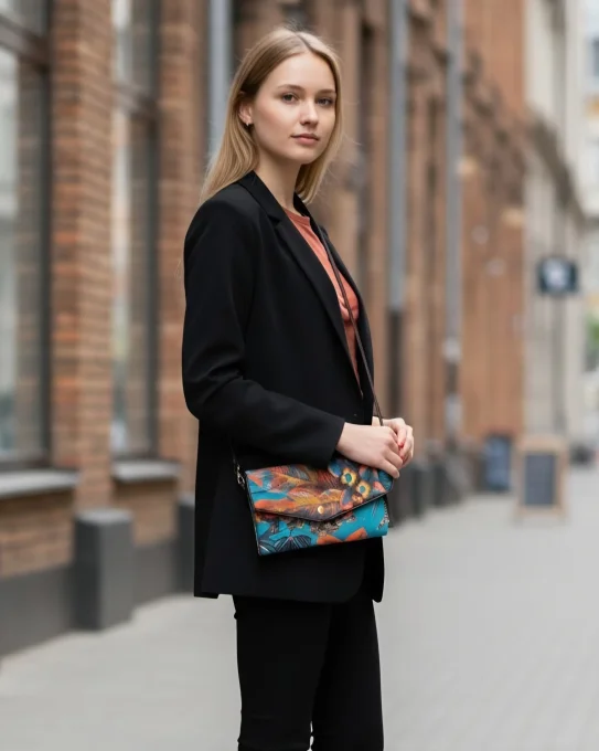 Mini sac bandoulière Manao porté par une femme avec une tenue noire