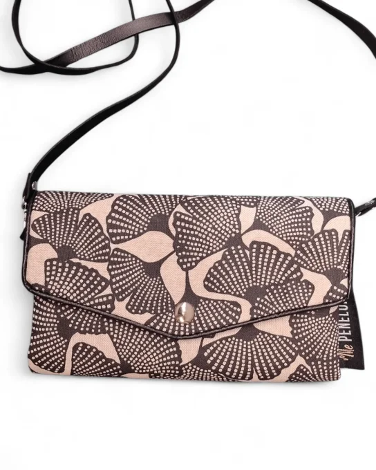 Mini sac bandoulière femme Ozaka en toile fleurie noire et beige