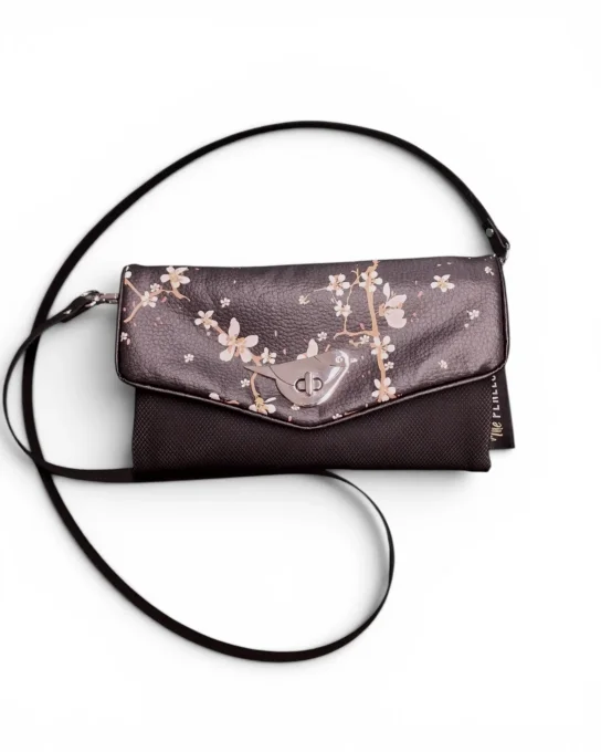 Mini sac bandoulière femme Hanami en simili noir fleuri