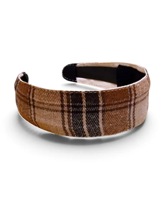 Vue de face du serre-tête large Cambridge Camel, tissu à carreaux camel, beige et brun, largeur 5 cm