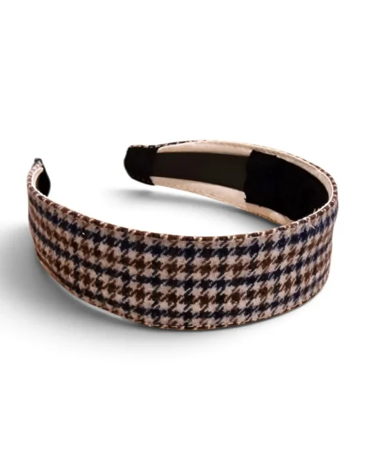 Vue de face du serre-tête large Oxford Chocolat, motif pied-de-poule brun et bleu marine, largeur 5 