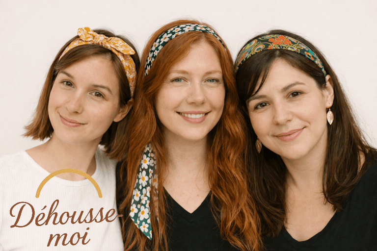 3 femmes portent un modéle de serre tête dehousse Moi, le classic, le noué et le boho