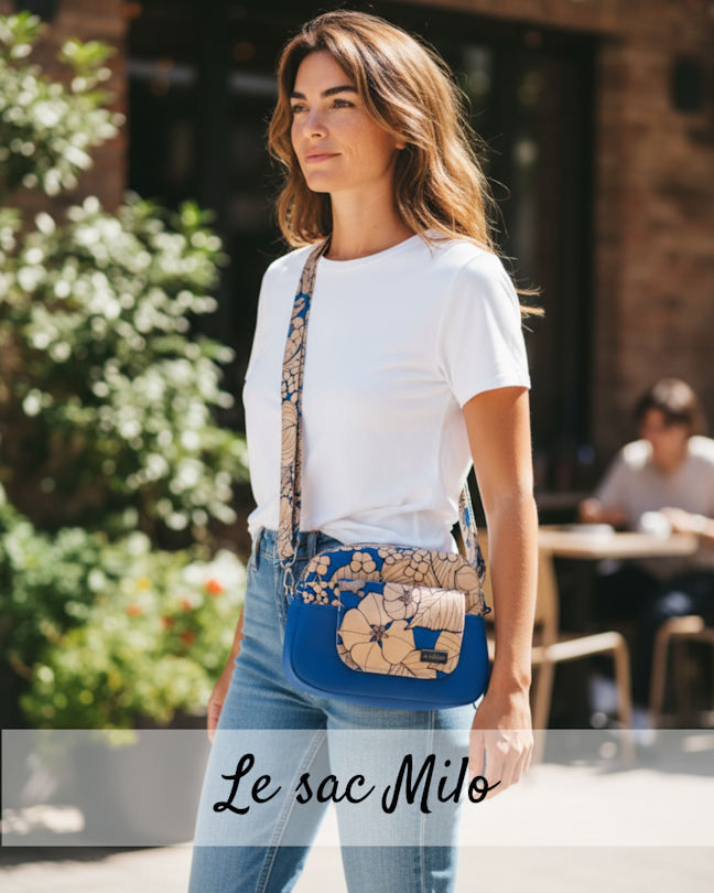 Sac Milo en tissu bi matière simili et toile de coton , porté par une femme, sac à main pratique et confortable fabriqué en France