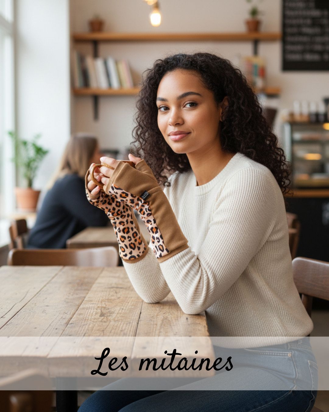 une femme porte des mitaines léopard beige en molleton et boit un café