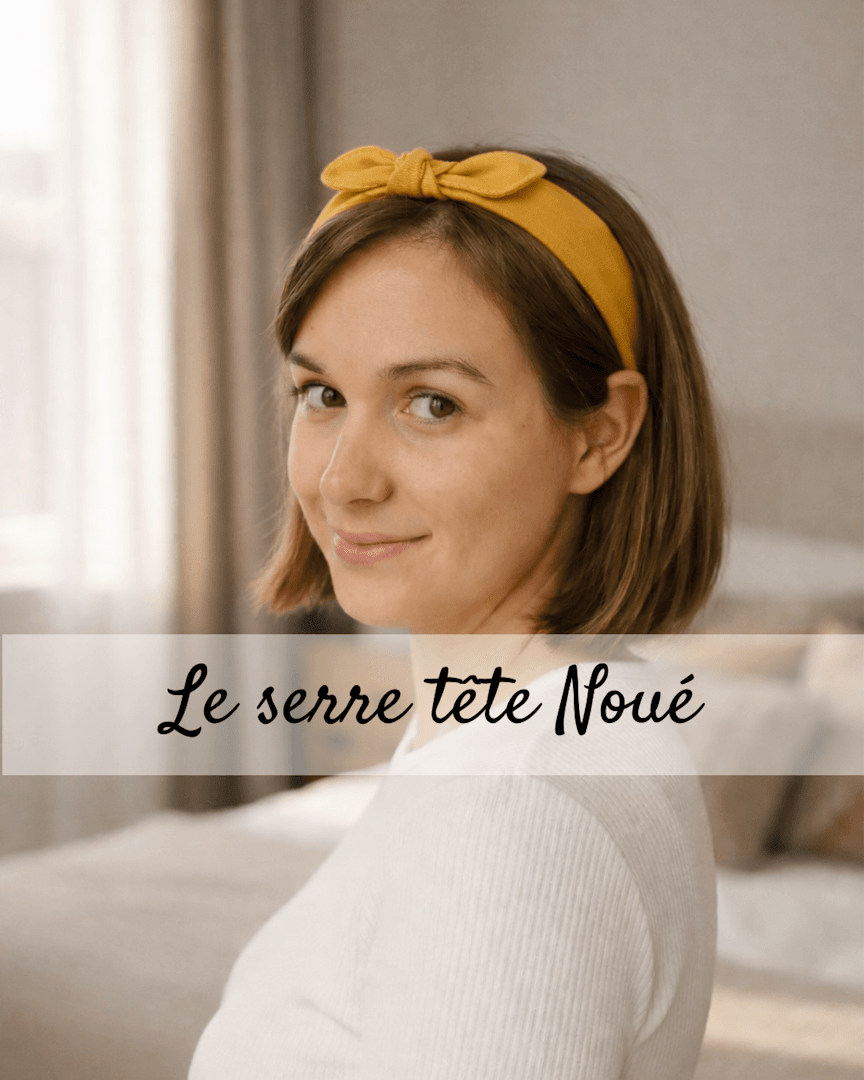 Serre-tête noué déhoussable en tissu uni porté par une femme, accessoire cheveux confortable et lavable Serre-tête noué déhoussable en tissu uni porté par une femme, accessoire cheveux confortable et lavable